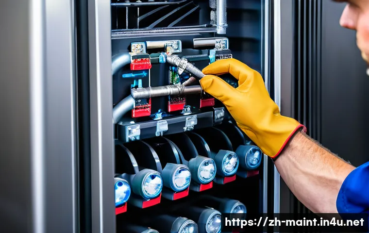 냉동기 설비 유지보수와 에너지 절감 - A detailed close-up of a modern commercial refrigeration unit during routine maintenance, showing a ...