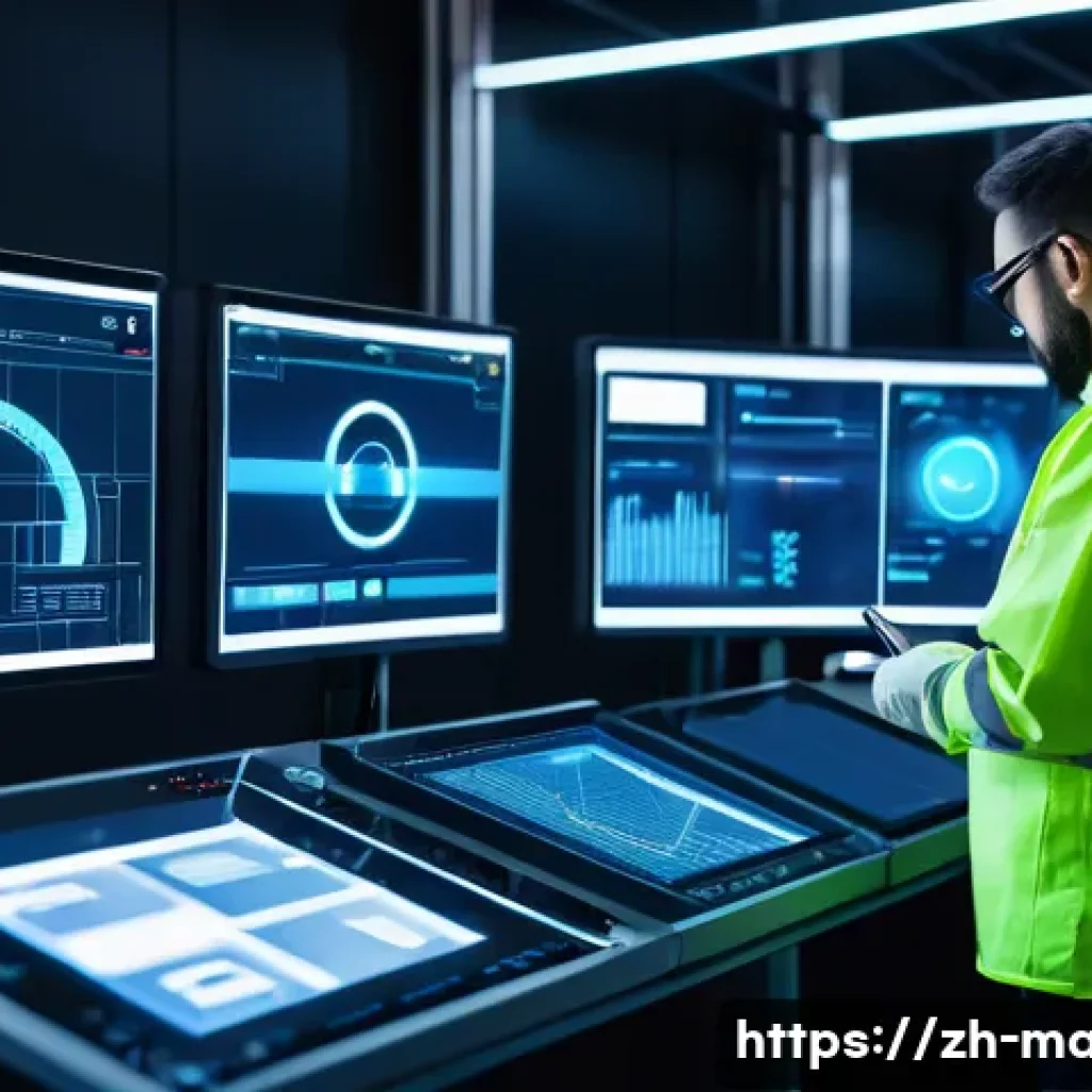 설비 유지보수 기술 트렌드 분석 - A futuristic smart factory interior showcasing advanced equipment maintenance with various types of ...