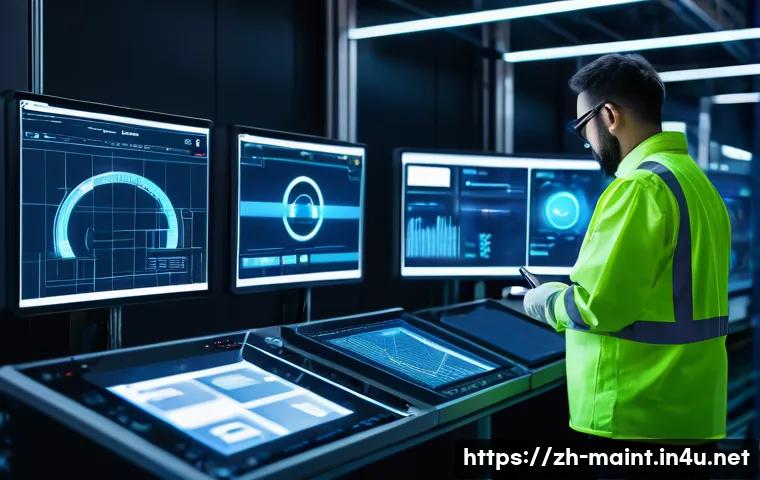 설비 유지보수 기술 트렌드 분석 - A futuristic smart factory interior showcasing advanced equipment maintenance with various types of ...