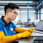 설비 기술자 자격증 시험 후기 - A focused young Chinese technician in casual workwear, wearing safety glasses and gloves, attentivel...