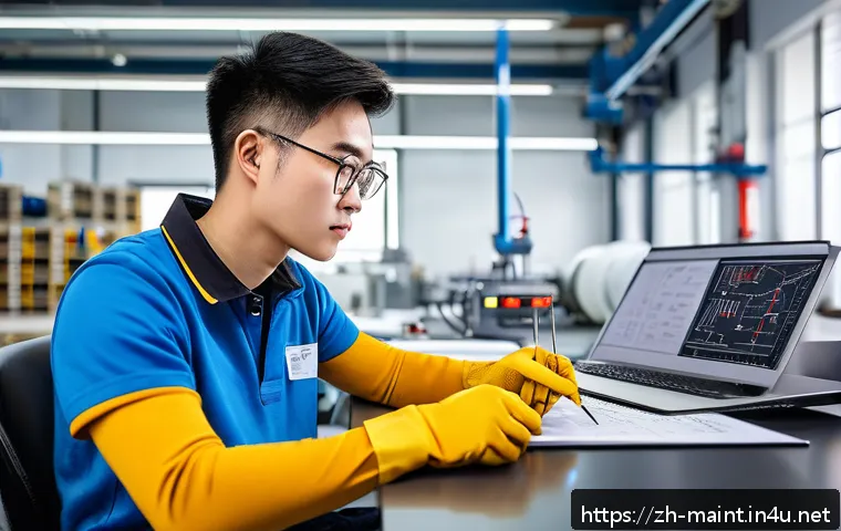 설비 기술자 자격증 시험 후기 - A focused young Chinese technician in casual workwear, wearing safety glasses and gloves, attentivel...