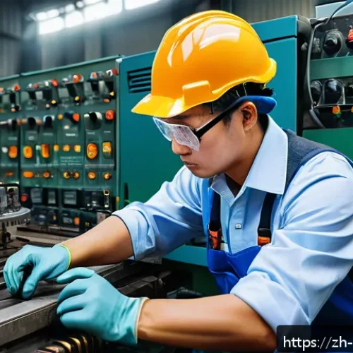 정비사와 기술자의 차이점 - A skilled industrial maintenance worker in a noisy factory setting, wearing protective workwear incl...