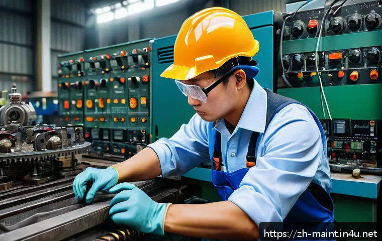 정비사와 기술자의 차이점 - A skilled industrial maintenance worker in a noisy factory setting, wearing protective workwear incl...