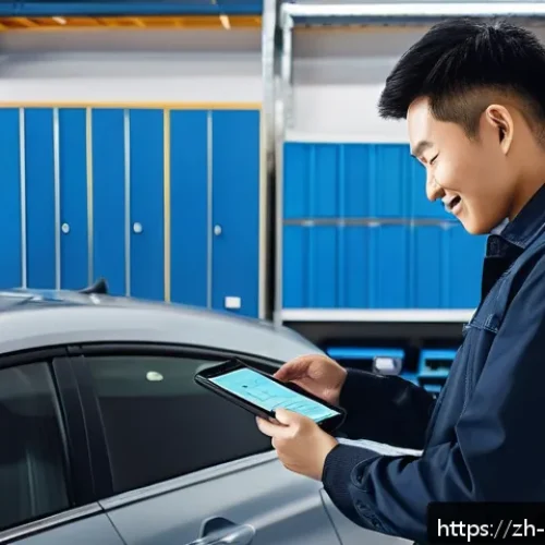 정비 기록의 중요성과 작성 요령 - A modern car owner using a smartphone app inside a clean, well-lit garage, surrounded by organized s...