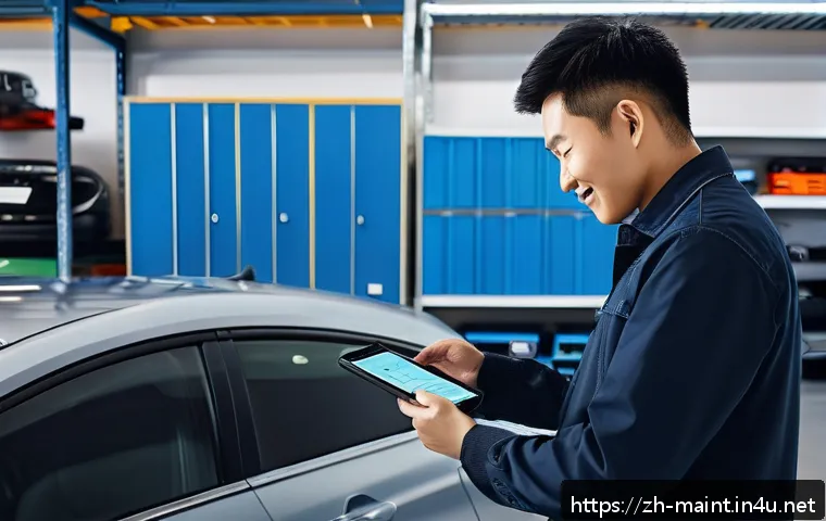 정비 기록의 중요성과 작성 요령 - A modern car owner using a smartphone app inside a clean, well-lit garage, surrounded by organized s...