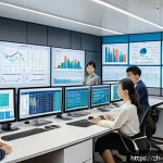 설비 수명주기 관리 Life Cycle Cost - A modern industrial procurement office scene showing a diverse team of professionals analyzing detai...