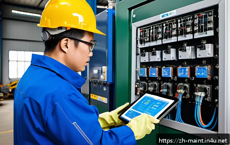 설비 유지보수 직무 인터뷰 - A detailed industrial workshop scene showing a skilled technician in safety gear performing preventi...