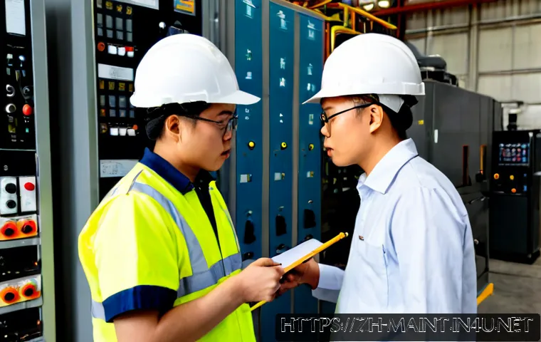 유지보수 실무 현장에서의 커뮤니케이션 스킬 - Photorealistic industrial maintenance workshop, an experienced technician in clean safety gear calml...